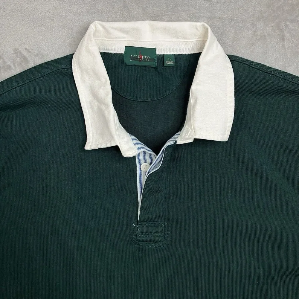 J Crew Rugby Polo Shirt Mens XL Green Long Sleeve Cotton Elbow Patch Preppy